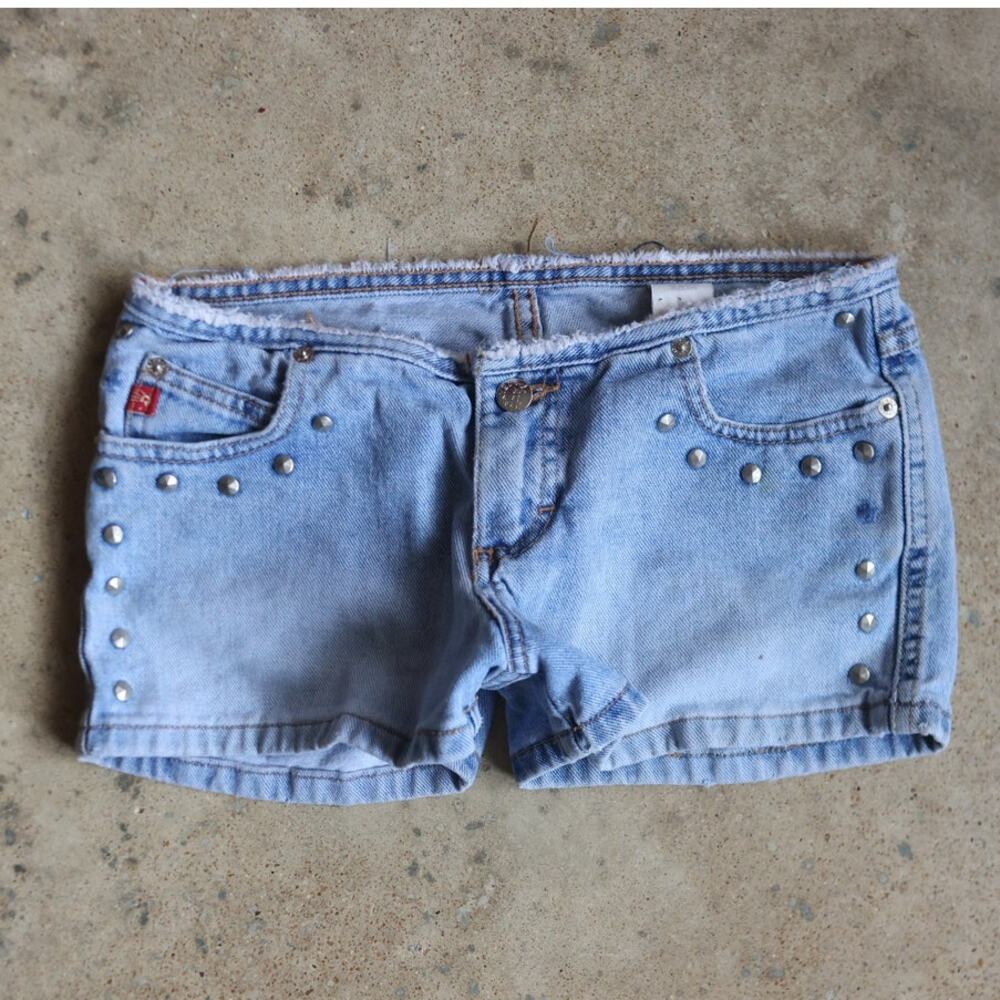 Vintage Mudd Y2K Low Rise Studded Denim Mini Shorts Light Wash Cutoff Szie 5